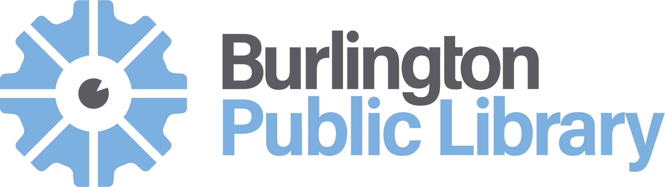 The Burlington Public Library Logo, the library's name and a blue machine cog.